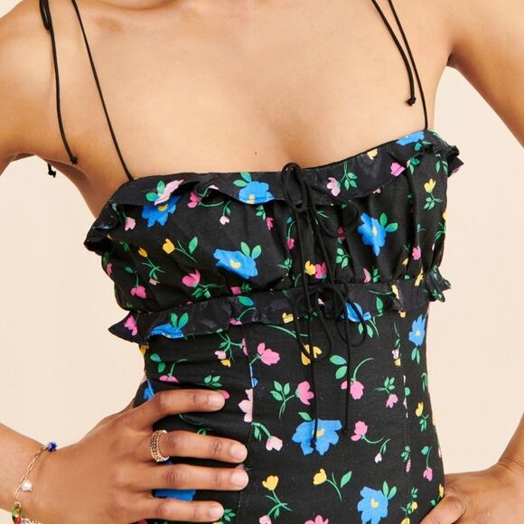 For love and Lemons Robin Floral Black Linen Tie Straps Mini Dress Size M - Picture 1 of 7